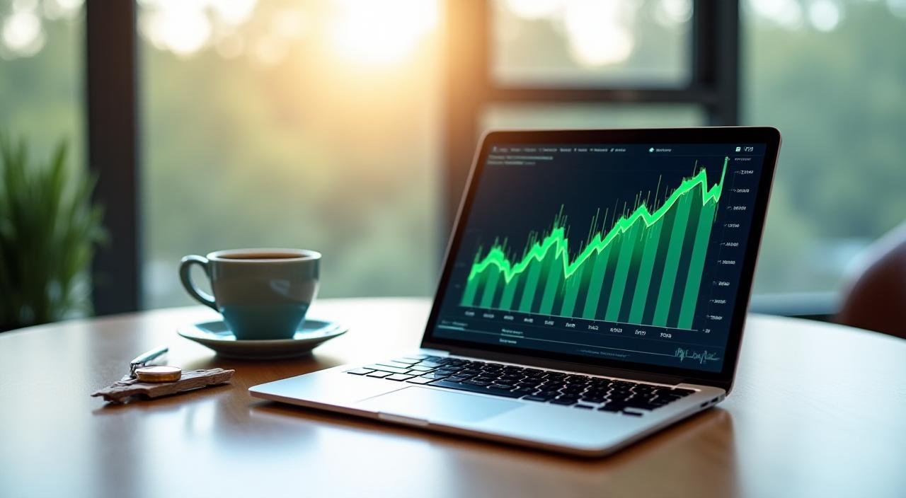 A professional desk setup with financial charts and a digital tablet showing portfolio growth