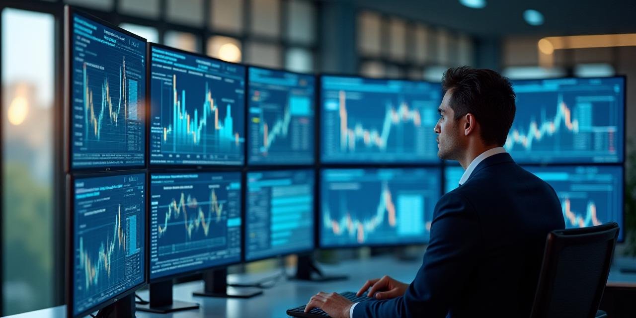 A professional analyst monitoring multiple financial data screens representing risk mitigation